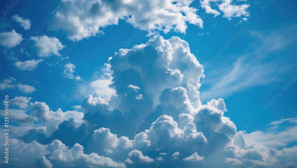 Poster clouds in a bright blue sky with varying shades of white and gray showcasing a fluffy and textured a