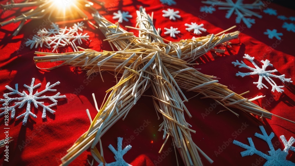 Poster Straw star decoration on a red background with snowflake designs and sunlight creating a warm atmosphere
