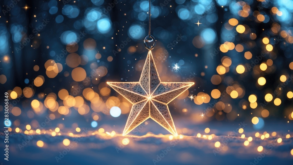 Aufkleber illuminated glass star ornament hanging against blurred winter background with bokeh lights and snow