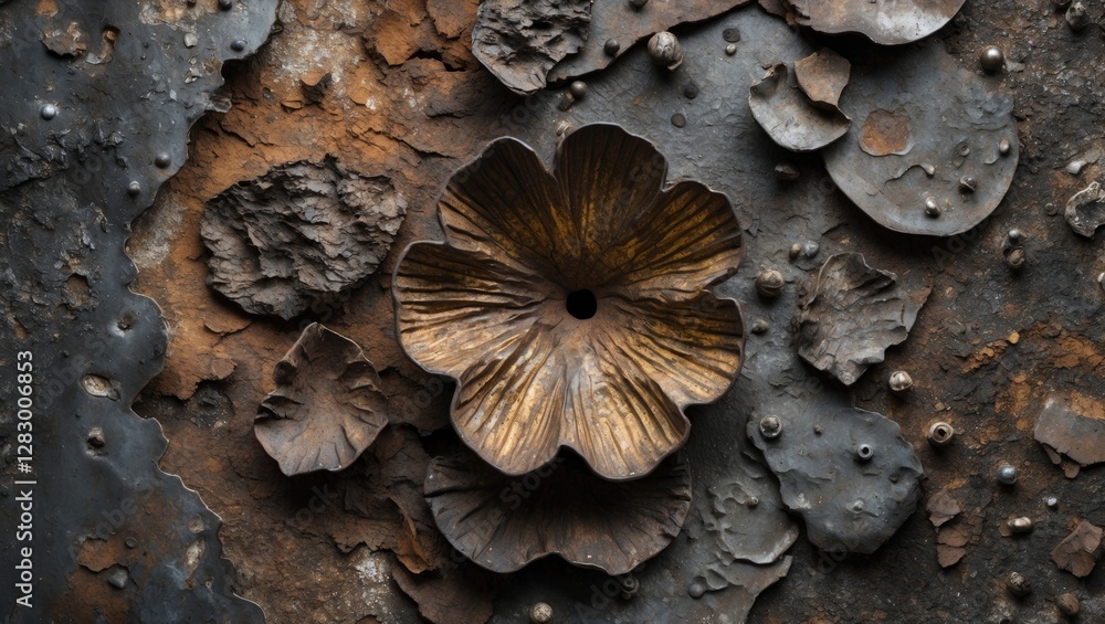 Poster Decorative metallic surface with floral shapes and textured elements in a rusted color palette