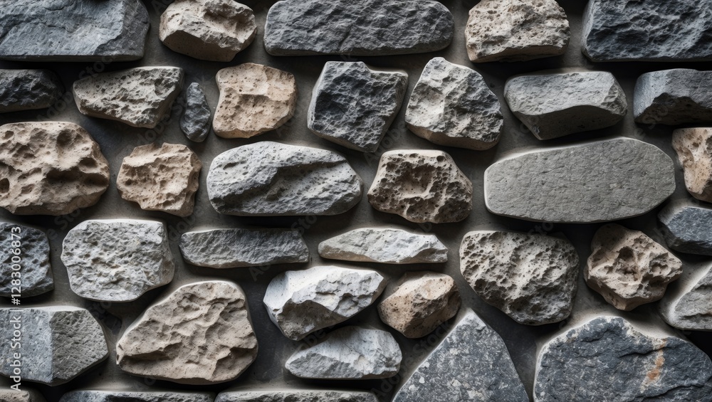 Poster textured arrangement of various shapes and sizes of natural stones layered on a wall surface in neut