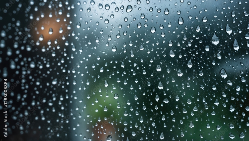 Poster raindrops on window glass creating a textured background with a soft focus and blurred green landsca