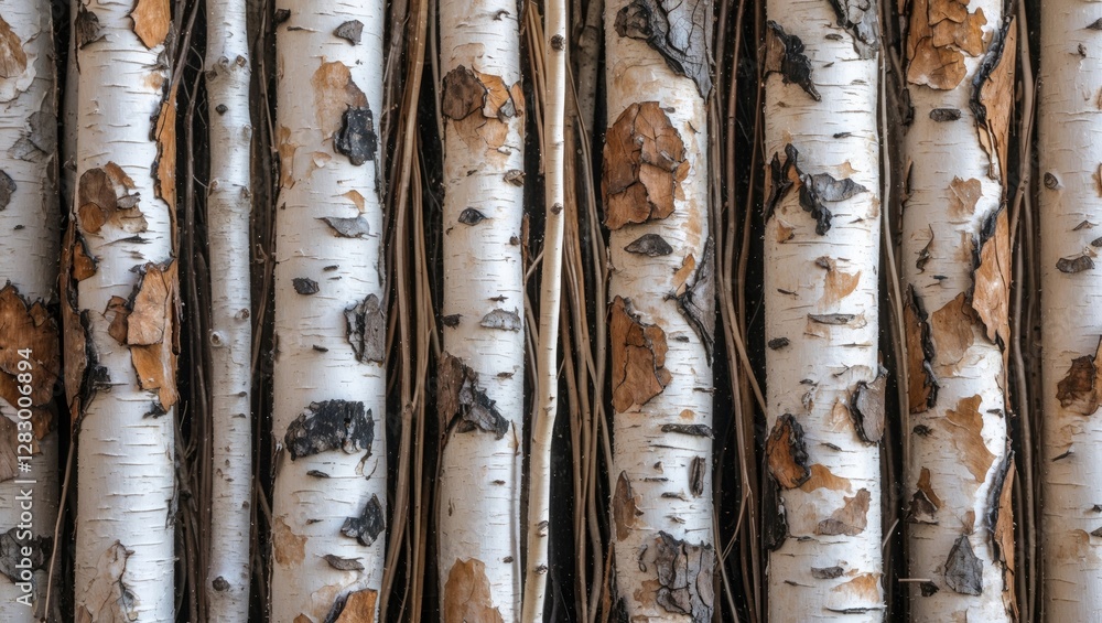 Poster birch bark texture close-up showcasing natural patterns and colors of birch trees in a forest settin