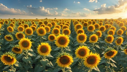 Obraz premium Vast sunflower field under blue sky with clouds during golden hour showcasing vibrant yellow blossoms and green foliage