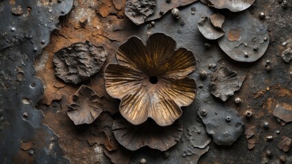 Decorative metallic surface with floral shapes and textured elements in a rusted color palette