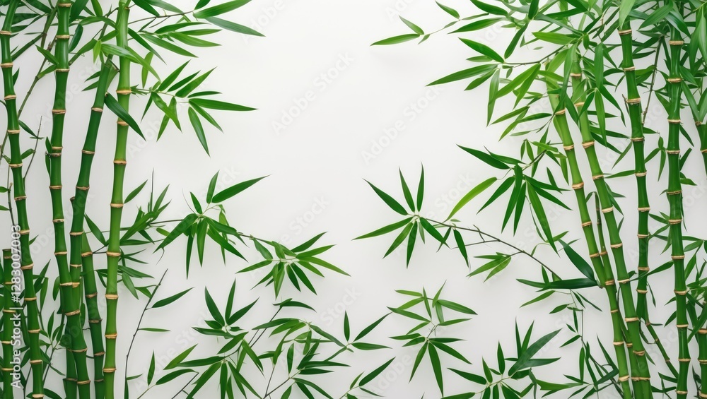 Poster bamboo leaves and branches arranged on a white background creating a serene and natural green foliag
