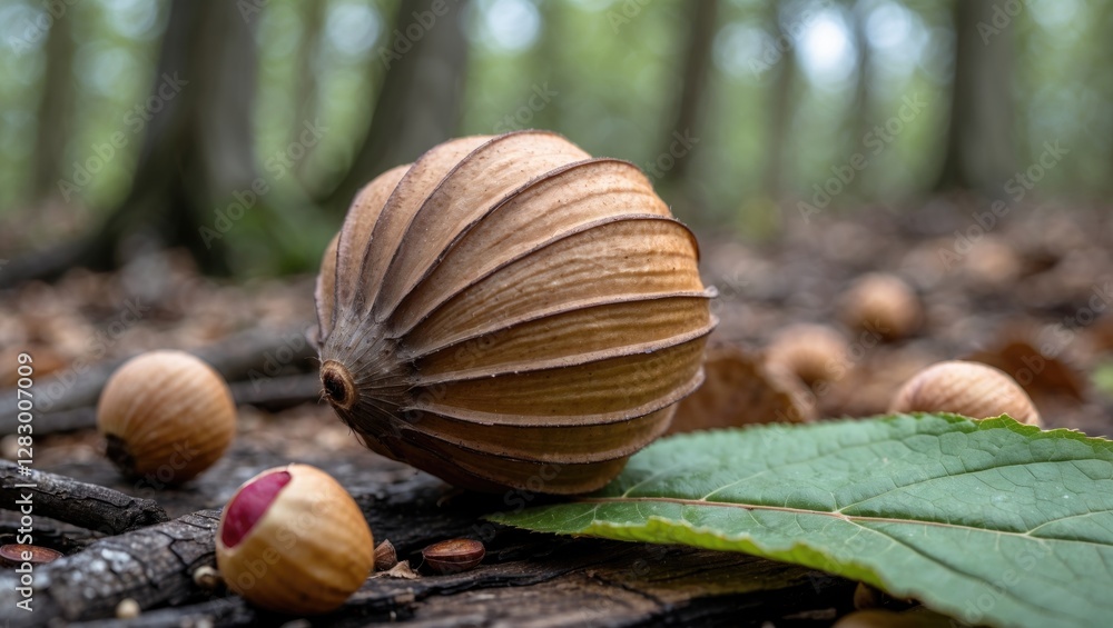 Poster beech nut case on hazelnut leaf surrounded by nuts in serene woodland setting with soft focus backgr