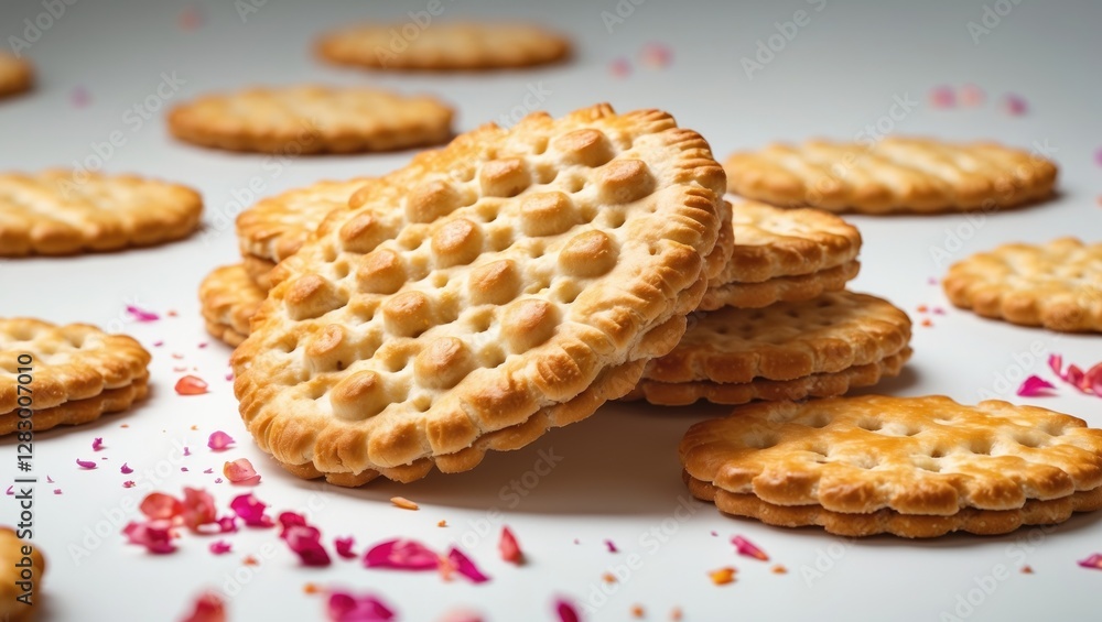 Aufkleber assorted crispy biscuits and crackers scattered on a white background with colorful flower petals fo