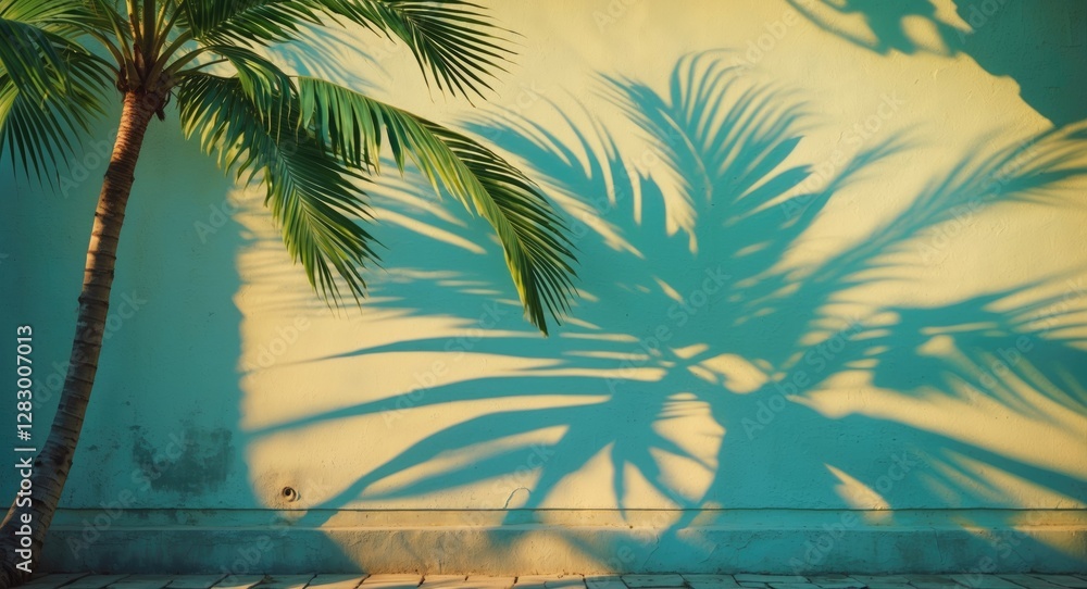 Poster Palm tree shadow on textured blue wall with sunlight creating natural patterns and contrast on surface.