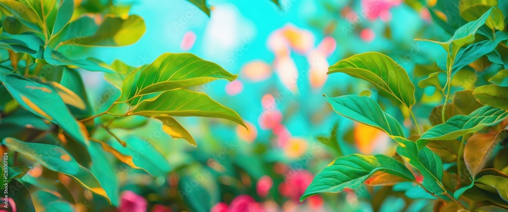 Poster vibrant abstract background of blurred green leaves with colorful bokeh effects creating a refreshin