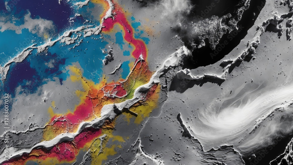 Poster Abstract artistic representation of oceanic terrain with vivid colors and textures illustrating geological features and water patterns.