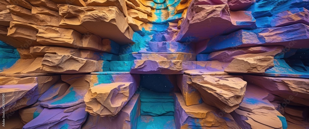 Poster colorful artistic sandstone wall texture with layered patterns in a close-up view, showcasing vibran