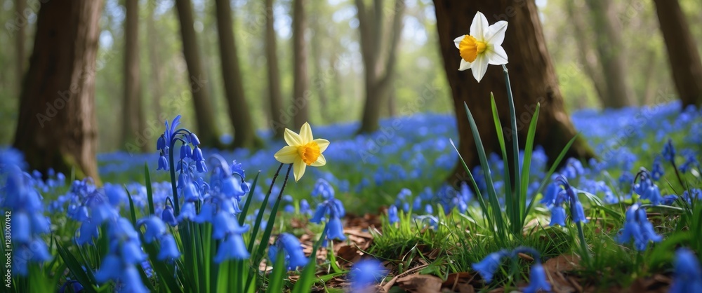 Aufkleber enchanting woodland scene featuring vibrant bluebells and daffodils in a serene natural setting with