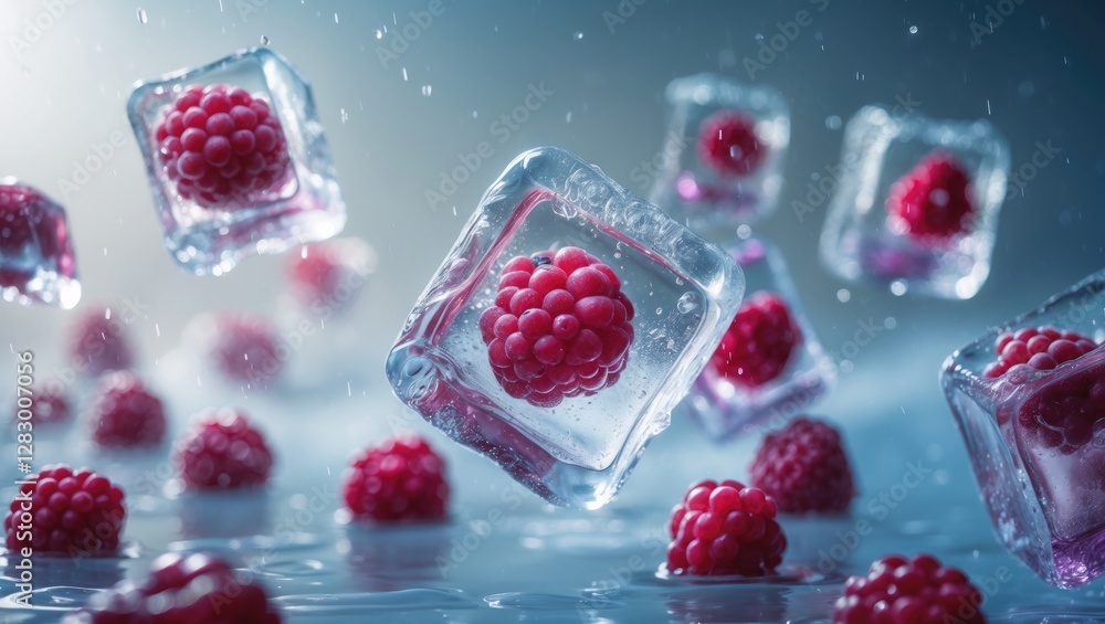 Poster Raspberries frozen in crystal-clear ice cubes floating in water creating a refreshing and visually appealing scene.