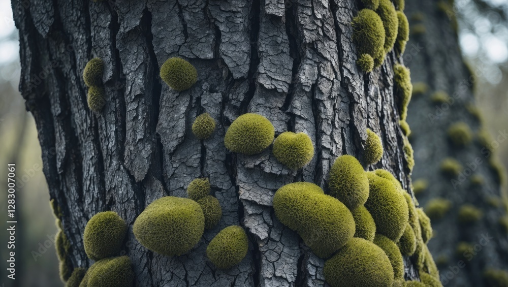 Poster close-up view of textured tree bark with clusters of green moss and lichen growth in a natural outdo