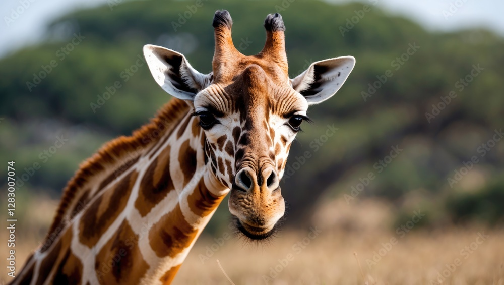 Poster close-up portrait of a giraffe in the wild with distinctive pattern and features against a blurred n