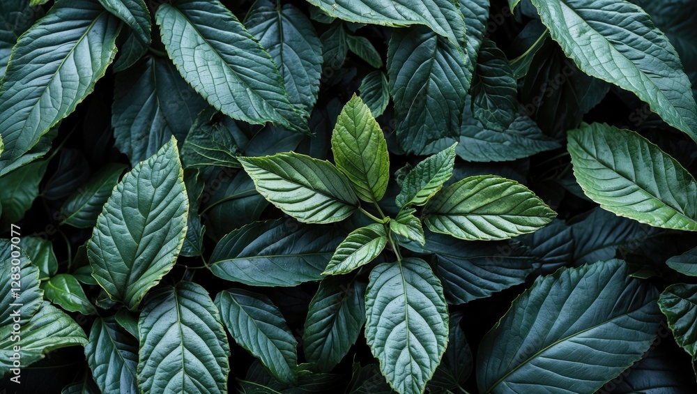Poster assorted green foliage with varying shapes and textures on a dark background.