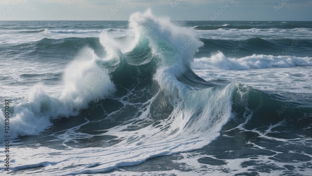 Poster powerful ocean waves crashing on a rocky shore under dramatic cloudy skies with foam and texture vis