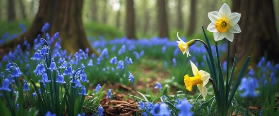 Serene woodland landscape showcasing vibrant bluebells and a daffodil blooming amidst lush greenery and soft sunlight.