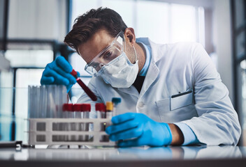 Man, scientist and face mask for blood sample at lab of medical virus, study dna and drug...