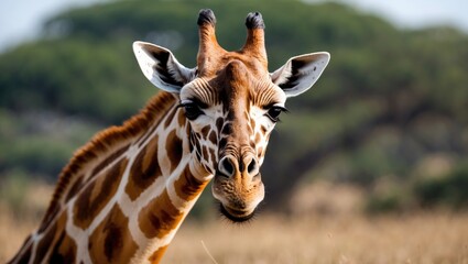 Obraz premium Close-up portrait of a giraffe in the wild with distinctive pattern and features against a blurred natural background