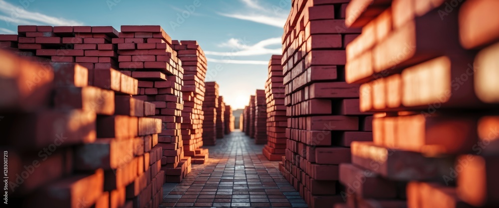 Aufkleber Stacked red bricks in a construction yard with clear blue sky and clouds creating a geometric perspective depth in the image