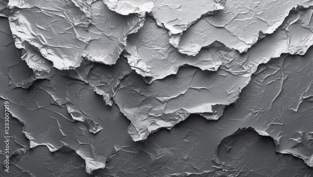 Poster textured gray background with layered crumpled silver paper in abstract style ideal for noise overla