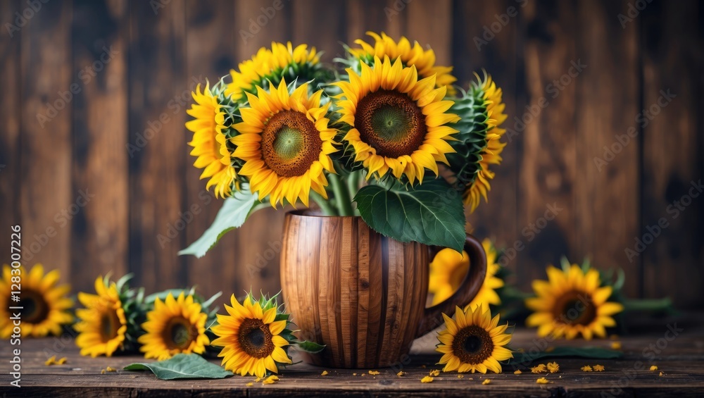 Aufkleber sunflowers arranged in a wooden pot with scattered petals on a rustic wooden table background