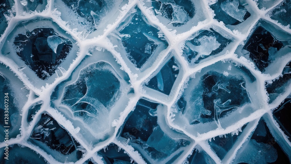 Poster frozen ice patterns with intricate cracks and formations in a blue background, showcasing geometric 