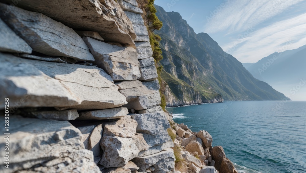 Poster rocky shoreline with layered stone formations and panoramic view of the mountains and water under a 