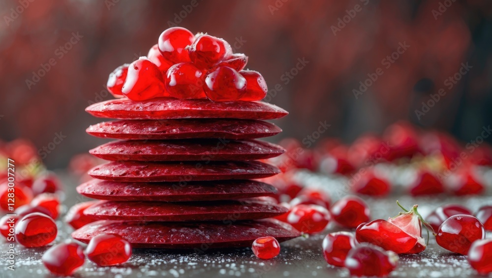 Aufkleber red candy discs stacked on a surface with scattered red jelly beans and a sprinkle of sugar in a sof