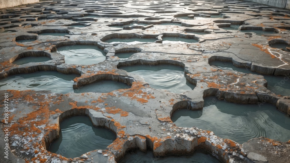 Poster geometric patterns of water-filled depressions on concrete surface with rust accents at dusk