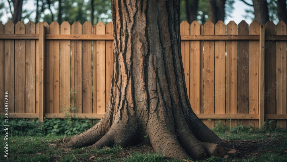 Poster large tree trunk with detailed bark texture near wooden fence in a green park setting