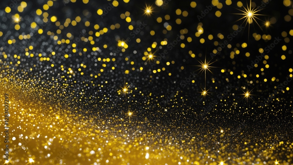 Poster sparkling golden and black abstract background with shimmering bokeh lights for festive or elegant d