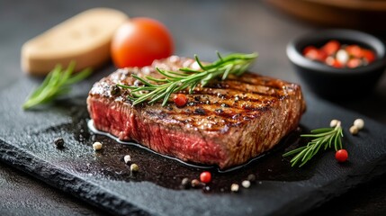 Grilled steak garnished with herbs and spices on a dark stone platter