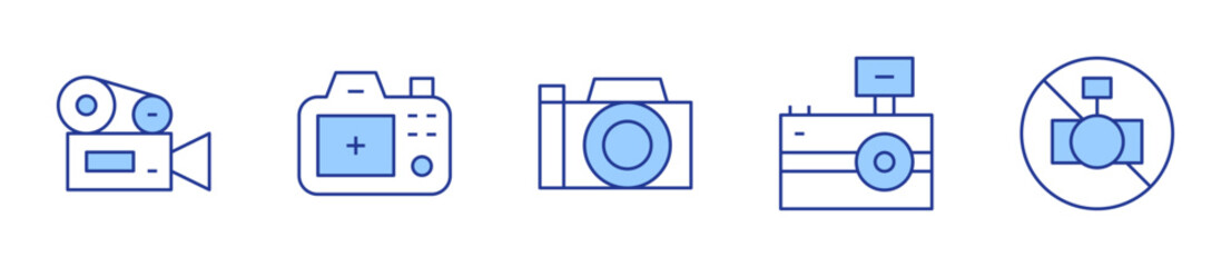 video camera, camera, camera flash, photo camera, no camera. Camera Icon vector illustration. Line Duotone style. Editable stroke