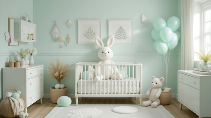 A serene nursery awaits a new arrival, filled with soft pastel tones, cuddly toys, and a charming bunny, creating a peaceful and loving atmosphere in a minimalist, elegantly styled room.