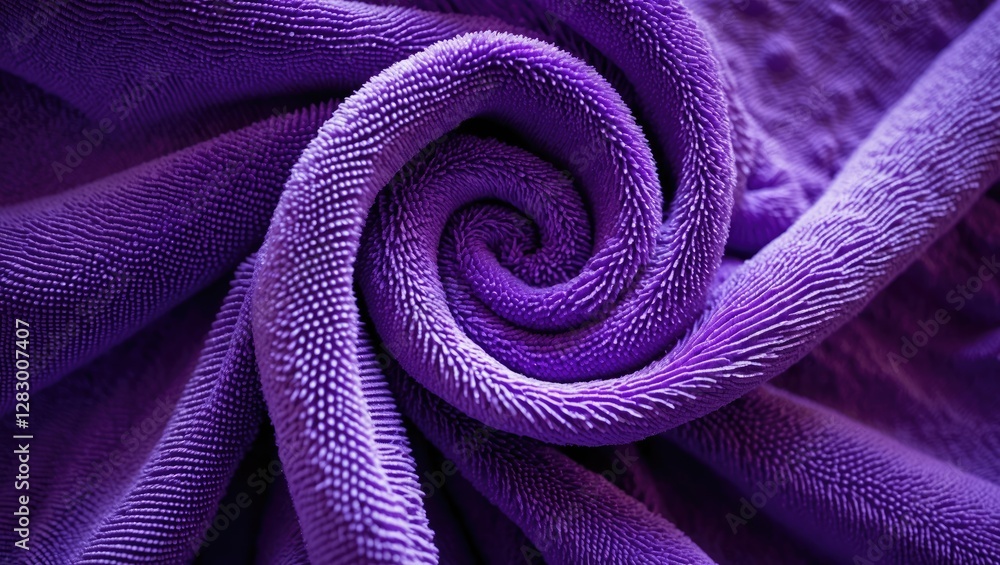 Poster Close-up view of a purple towel fabric rolled into a spiral pattern displaying texture and color details