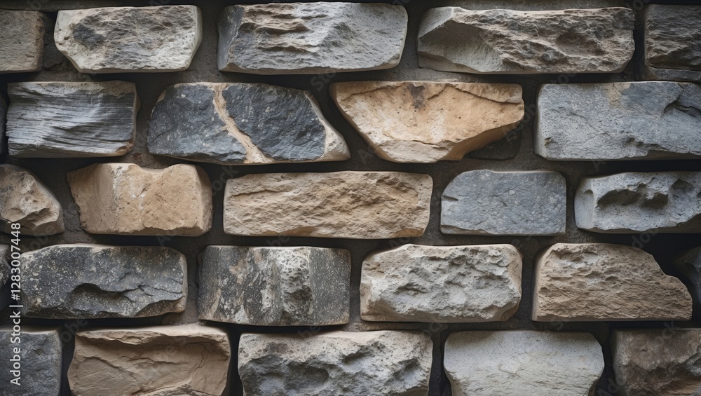 Poster textured wall made of various sizes and colors of natural stone bricks arranged in a traditional pat