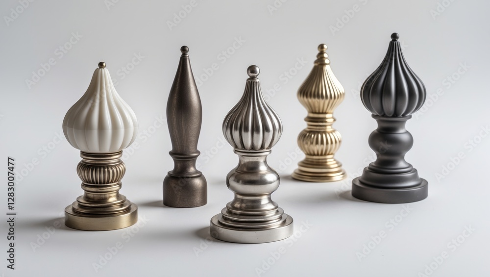 Poster Decorative finials in various finishes arranged in a row on a neutral background showcasing design and craftsmanship