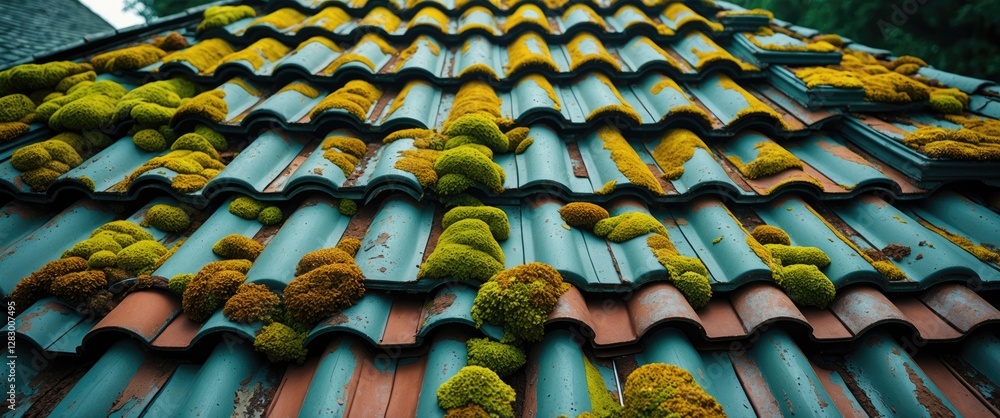 Poster mossy roof tiles with vibrant green and yellow patches creating a rustic and weathered background fo