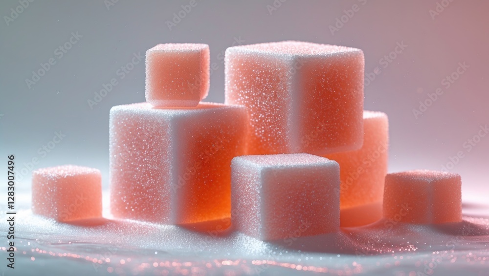 Poster Sugar cubes arranged in a creative composition against a soft background with pink and white colors and light reflections.