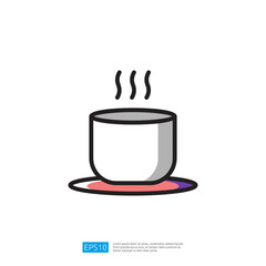 Simple, Stylish Icon of a Steaming Coffee Cup on a Plate in a Minimalistic Design