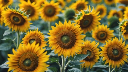 Fototapeta premium Vibrant Field of Sunflowers in Bloom Showcasing Bright Yellow Petals and Lush Green Leaves Under Natural Daylight