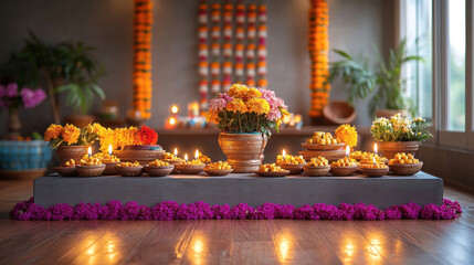 Diwali background featuring a festival table adorned with sweets, diyas, and colorful decorations