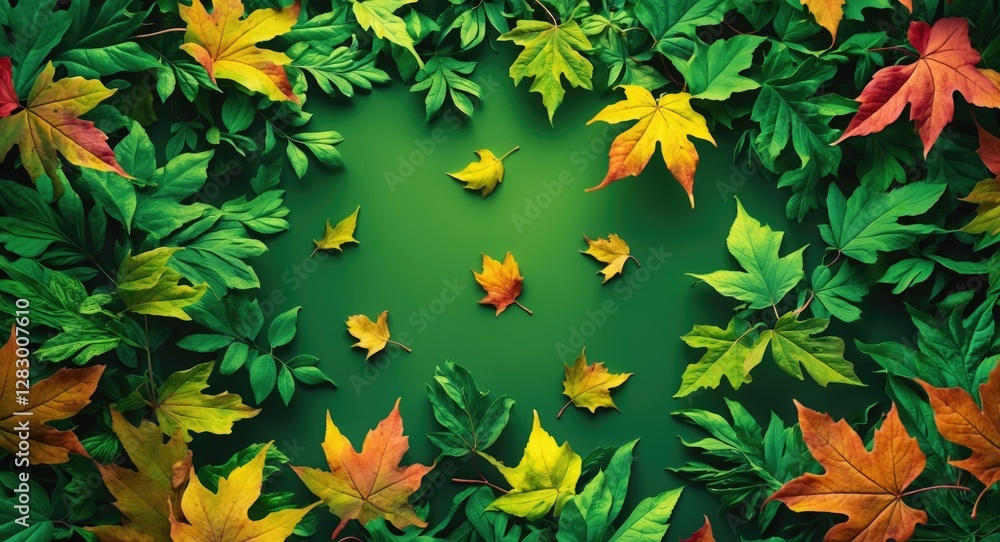 Poster colorful autumn leaves arranged in a circular pattern on a green background showcasing various shade