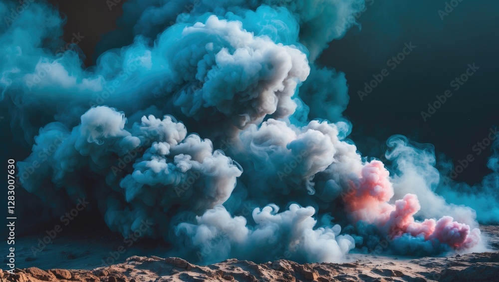 Poster Blue and pink smoke cloud on dark background creating abstract shapes and textures in atmospheric composition