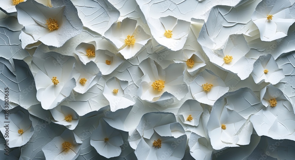 Poster white textured paper flowers with yellow centers arranged in a layered pattern on a light background
