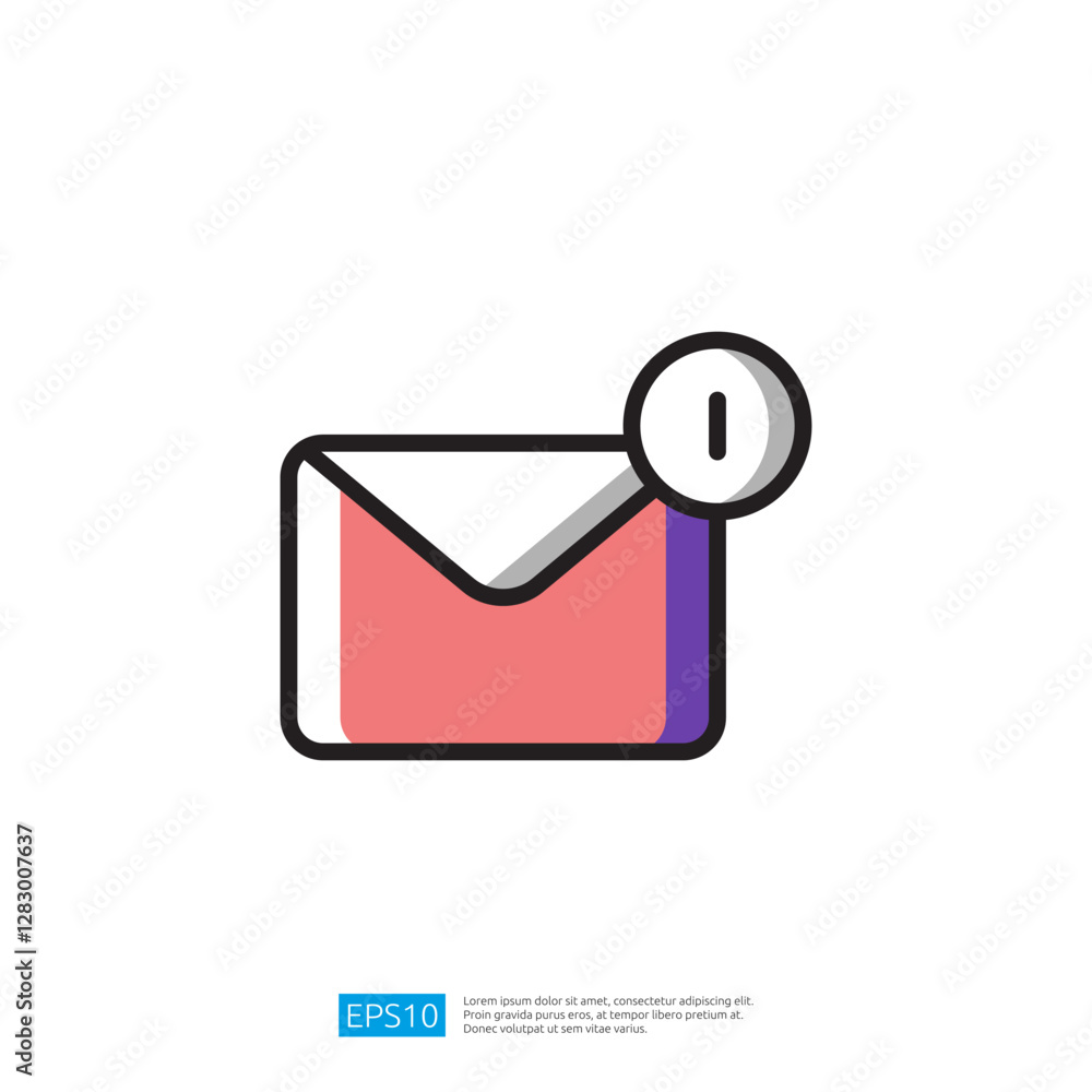 Poster icon of a notification email envelope with an alert sign indicating new messages with colorful moder