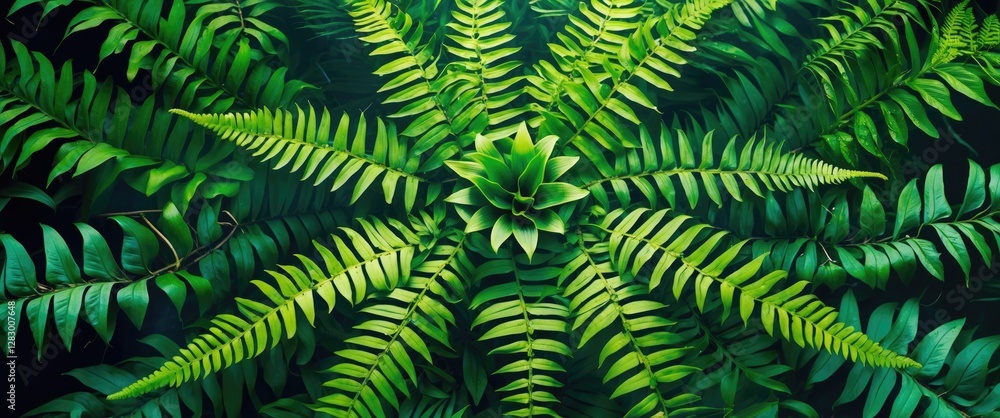 Poster green foliage pattern with symmetrical arrangement of ferns and succulent plant top view natural bot